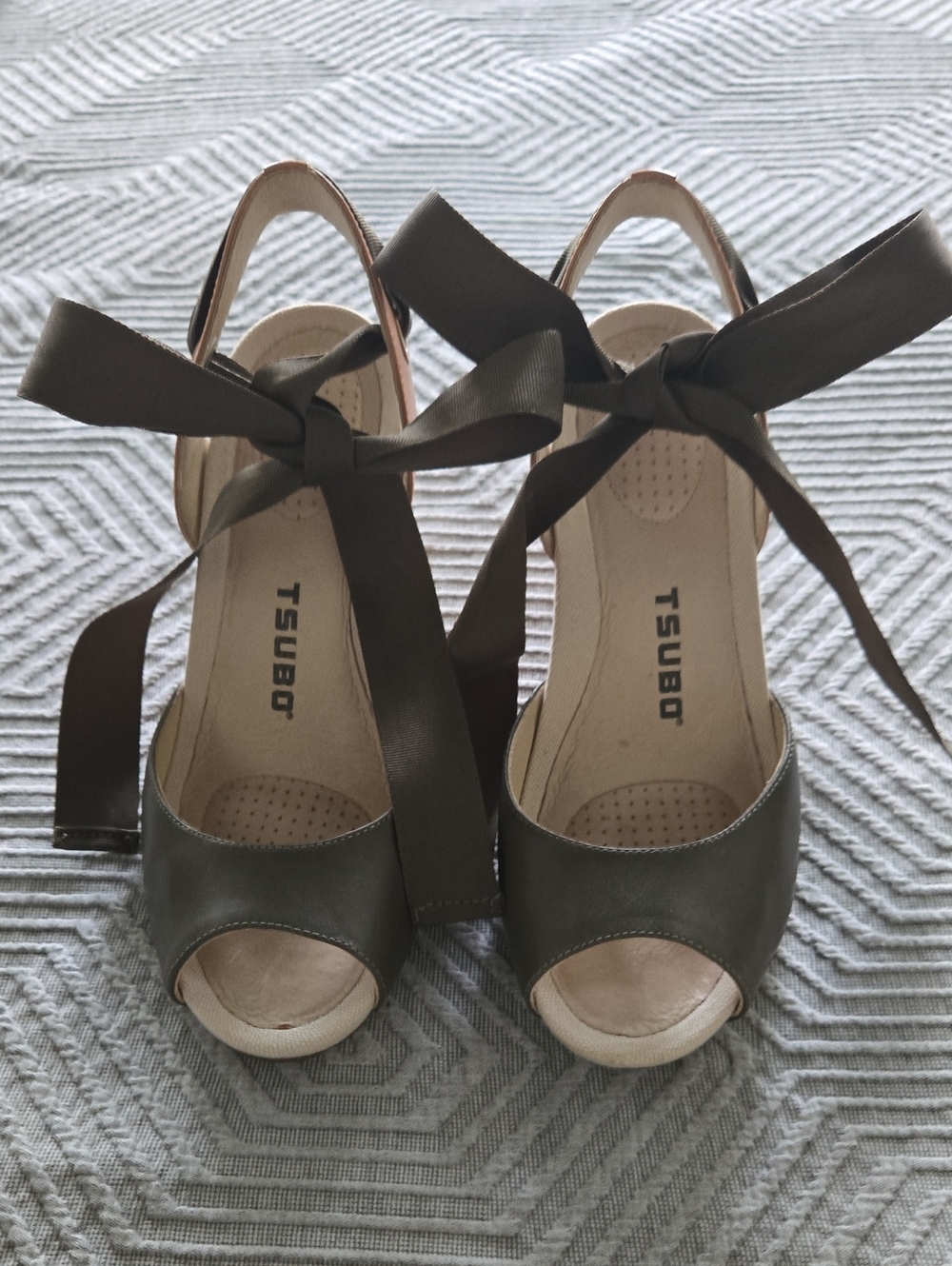 Tsubo Olive Ribbon Peep-Toe Wedge Sandals